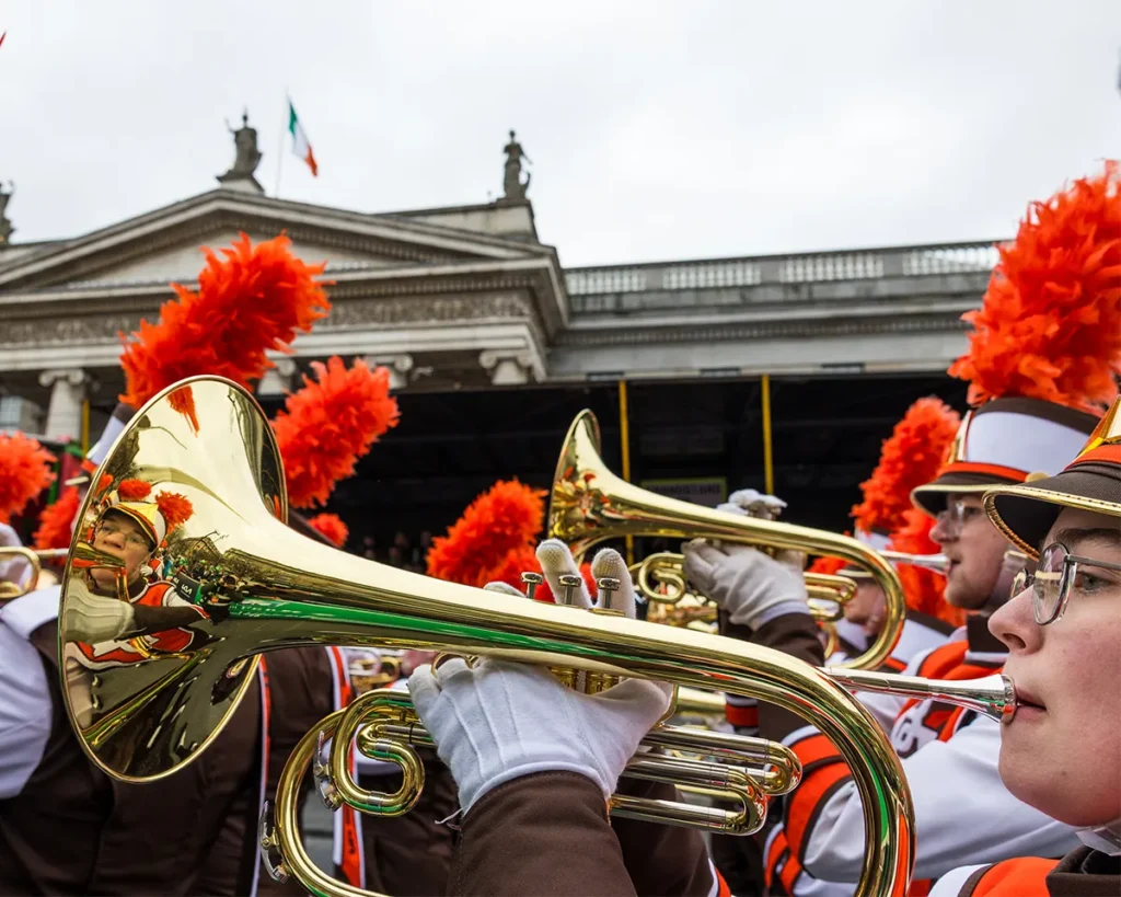 Band playing brass instruments in front of GPO on a march